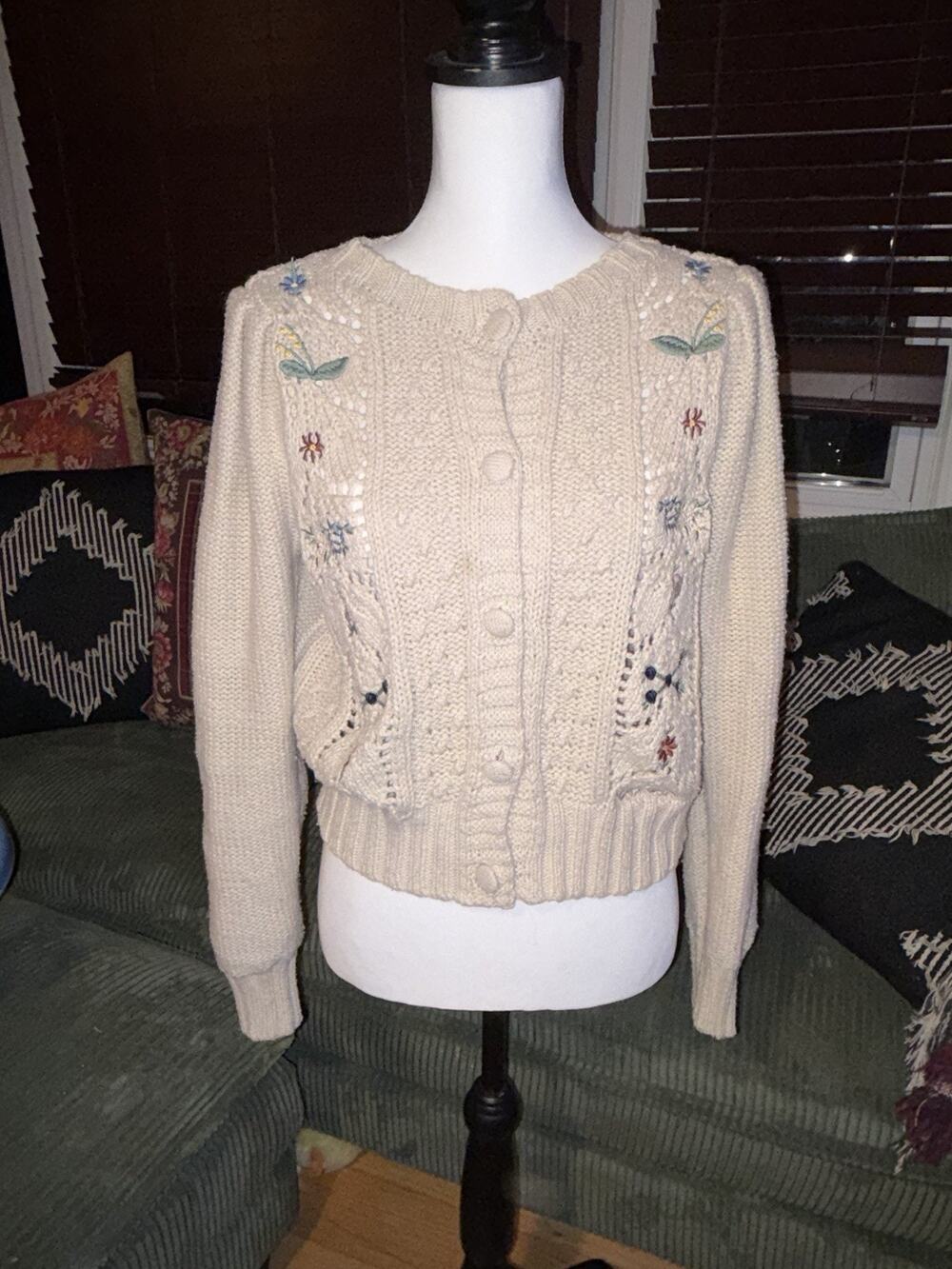 Lucky Brand Womens XS Floral Embroidered Cable Knit Cardigan Cottagecore Cream